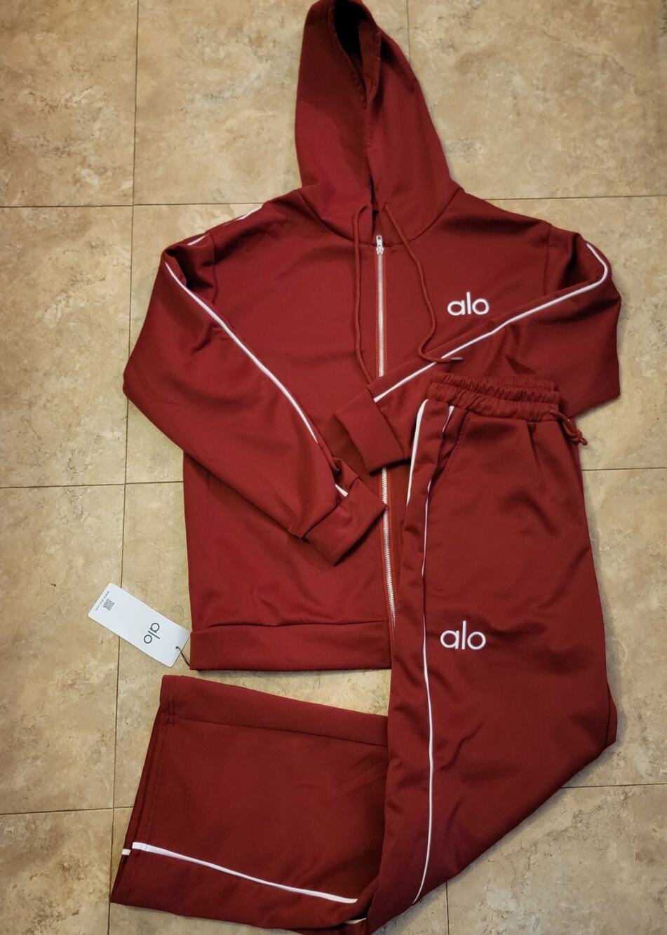 Alo Yoga Sz Large Red 2pc Wide Leg Hooded Knit Track Suit Travel Athleisure New